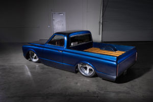 Rear view on Brad McKinnon's custom blue 1969 Chevy K-5/C-10 hybrid