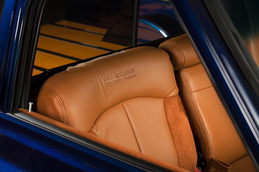 Details on the brown seat cover of the custom blue 1969 Chevy K-5/C-10 hybrid