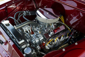 smoothed and painted engine bay on the custom 1955 chevy pickup truck.