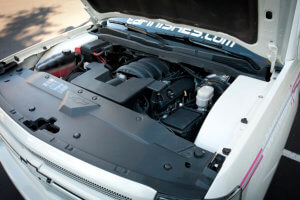 A view of the cleanly set-up engine bay of the custom Silverado.