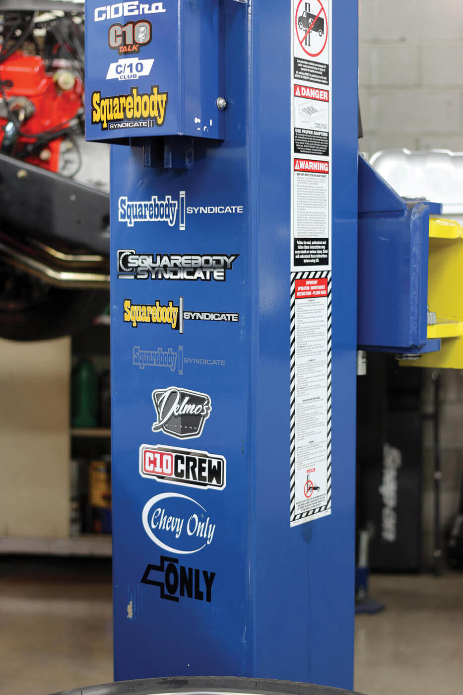 Some of Joe’s buddies have staked their claim on the lift in his shop. Plus, check out all of those SBS logos!