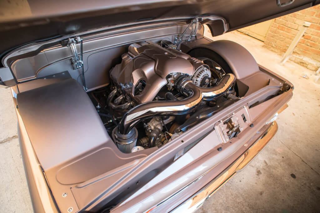 Once you get over the shock of how immaculate this engine bay is, you may notice that this is a friggin’ Chevy engine in a Ford! Aside from the ultra-clean 5.3, you can’t miss the beautiful metalwork done by Double Z Hot Rods and Grossi’s Speed & Fab.