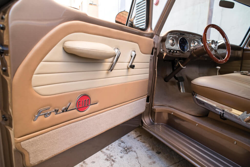 F-100s have never been known for having ornate interiors, but Jeff’s Ford is a bit different. Kodey Wells of Wells Upholstery revamped Jeff’s interior with awesome upgrades such as these door panels, which feature F-100 badges for an extra level of detail.