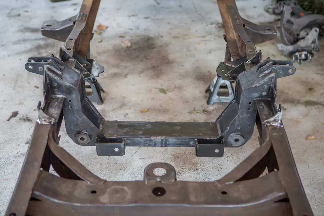 The crossmember was fully welded and ready for some color and final assembly