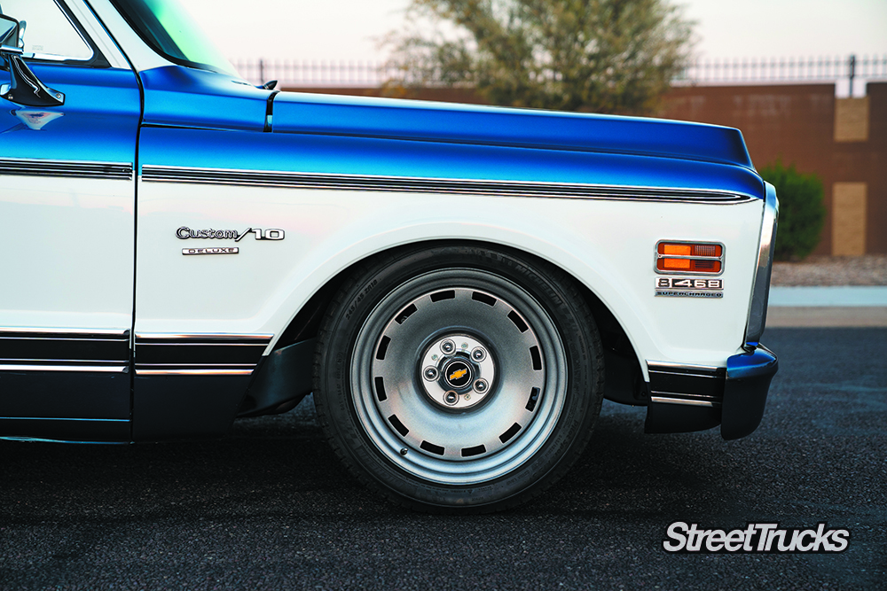 1972 Chevy C10 blue and white with delray wheels