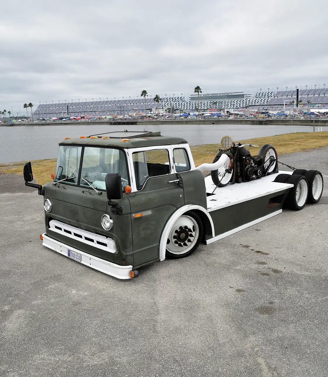 This COE Flatbed Hauls a Diesel-Powered Rat Bike