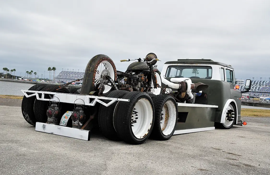 This COE Flatbed Hauls a Diesel-Powered Rat Bike